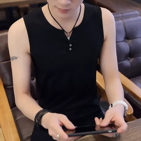 无袖T恤男背心宽肩纯棉修身潮流男装上衣青少年夏季运动健身汗衫商品大图