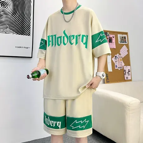 冰丝t恤男短袖夏季休闲运动套装男青少年字母印花五分半袖两件套T商品大图