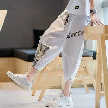 冰丝短裤男夏季薄款七分裤男士亚麻裤中国风棉麻运动裤休闲7分裤商品大图