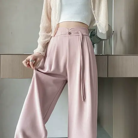 新中式粉色阔腿西装裤女早春高腰垂感休闲小个子国风窄版拖地长裤图片