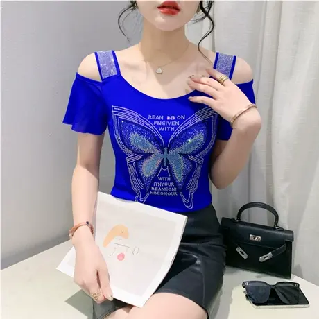 欧货性感一字领上衣女气质露肩T恤短袖网纱重工烫钻小衫修身百塔商品大图