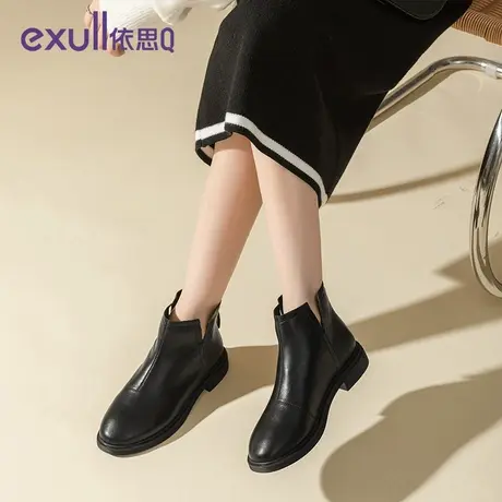 依思q马丁短靴女鞋春秋黑色短靴2023新款法式裸靴瘦瘦靴子时装靴商品大图