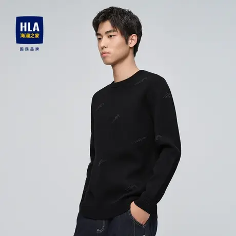 HLA/海澜之家加绒保暖圆领长袖针织衫2023秋冬新款提花柔软上衣男商品大图
