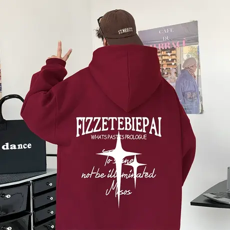 酒红色纯棉卫衣男春秋季美式重磅2023新款潮流宽松情侣套头连帽衫商品大图