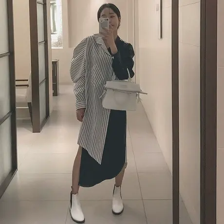 早秋新款条纹拼接长袖衬衫连衣裙女中长款韩版撞色不规则衬衣裙子图片