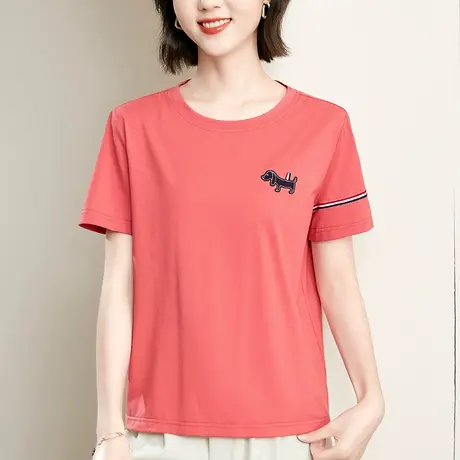 纯棉正肩t恤女夏装洋气百搭短袖上衣服时尚别致设计感圆领体恤衫商品大图