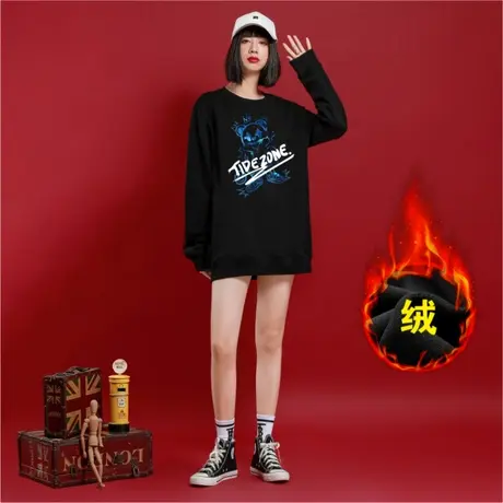 Ohlyah笑脸卫衣chic港风圆领女加绒加厚黑色宽松长袖学生班服定制商品大图