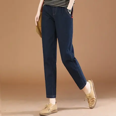 韩潮袭人松紧腰刺绣直筒牛仔裤女2022秋装新款宽松显瘦哈伦烟管裤图片