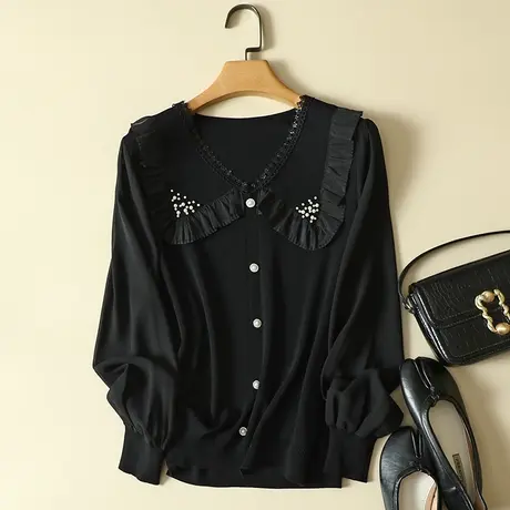 雪纺袖冰丝针织衫女秋装2023年新款长袖宽松上衣洋气蕾丝打底衫女图片