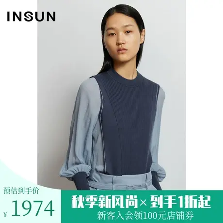 恩裳秋季女装经典商场同款绵羊毛桑蚕丝真丝拼接撞色毛针织衫毛衣商品大图