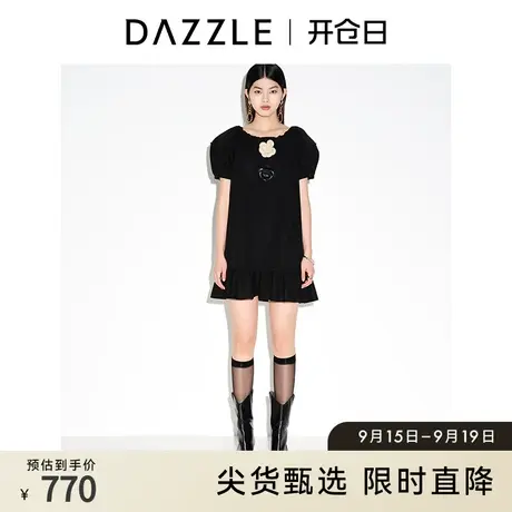 DAZZLE地素奥莱夏季花朵装饰宽松减龄黑色泡泡袖针织连衣裙女商品大图