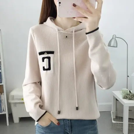 2023秋装新款连帽卫衣女撞色宽松长袖套头毛衣时尚显瘦帽子衫洋气商品大图