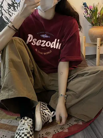 美式复古高街ins国潮牌酒红色纯棉重磅短袖t恤女春夏新款宽松上衣商品大图