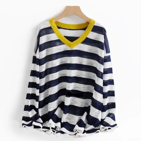撞色条纹套头针织衫女薄款夏季宽松慵懒冰丝防晒罩衫V领长袖上衣商品大图
