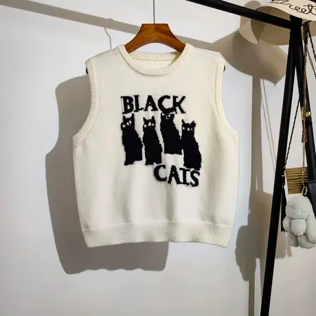 学院风针织马甲女春秋新款宽松圆领叠穿小猫提花无袖毛衣背心外穿图片