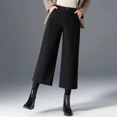 黑色毛呢阔腿裤女秋冬七分裤2023新款妈妈裤子休闲八分九分直筒裤商品大图