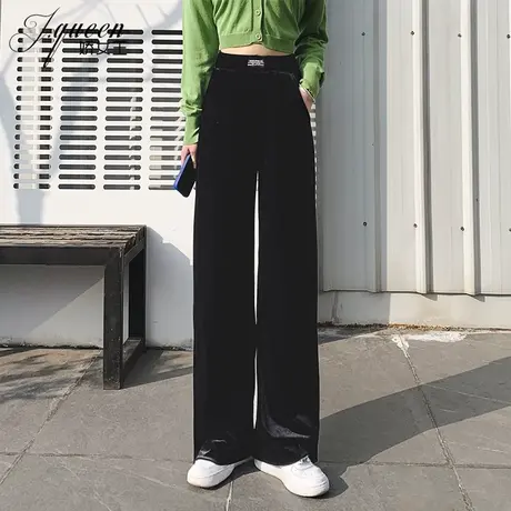 坠感金丝绒阔腿裤女长裤秋季时尚高腰宽松显瘦垂感拖地裤直筒裤子商品大图