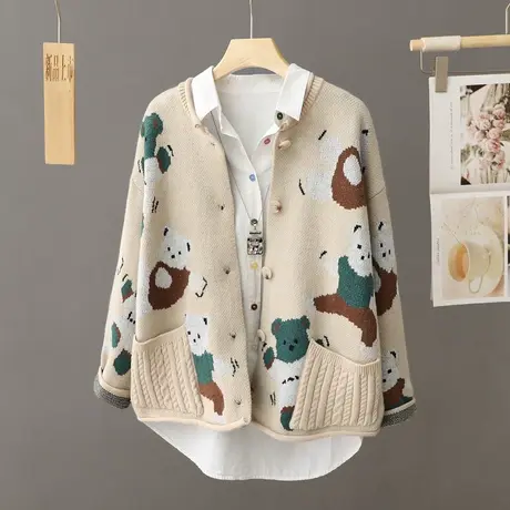 法式复古慵懒风圆领软糯毛衣外套女秋冬高级宽松显瘦针织开衫上衣图片