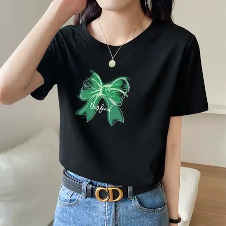 黑色圆领内搭学生宽松纯棉上衣2022新款小众设计感印花短袖t恤女商品大图