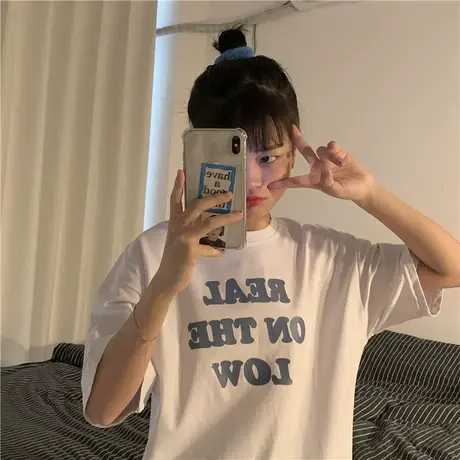 红续2020夏季韩版新款百搭字母纯棉宽松学院风短袖T恤女上衣ins潮商品大图