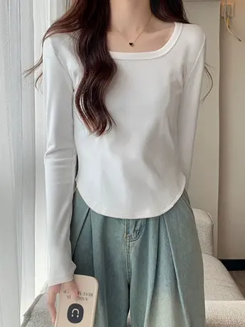 纯欲方领白色长袖t恤女春秋装冬季内搭打底衫辣妹修身短款上衣服商品大图