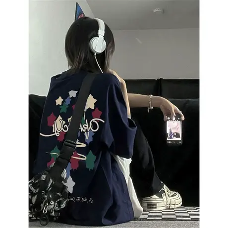 纯棉oversize设计感短袖t恤女夏季宽松小众半袖港味chic上衣潮牌商品大图
