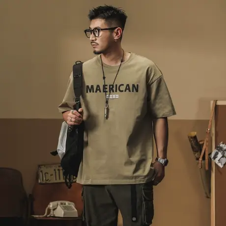 夏季美式印花短袖重磅水洗宽松圆领休闲上衣男士落肩袖薄款男装图片