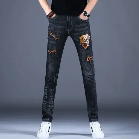 春秋高级刺绣牛仔裤潮男修身小脚裤子男2023新款休闲弹力高端潮牌商品大图