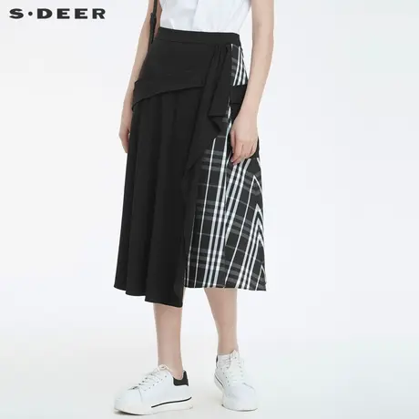 sdeer圣迪奥女装撞色格纹拼接不规则A字长裙S22261113图片