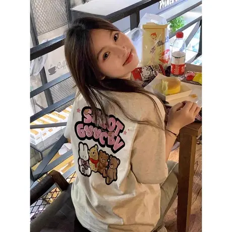 甜辣美式上衣夏日多巴胺新款胖mm大码慵懒风正肩短袖t恤女2-300斤商品大图