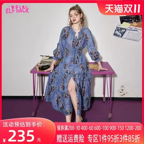 【商场同款】妖精的口袋法式连衣裙女2023春夏季新款v领宽松收腰图片