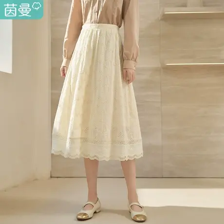 茵曼2023春女新款法式温柔拼接镂空花边新中式刺绣显瘦A字半身裙图片