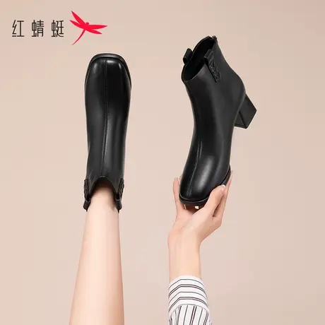红蜻蜓黑色粗跟真皮短靴女2023新款秋季小个子显瘦增高英伦马丁靴商品大图