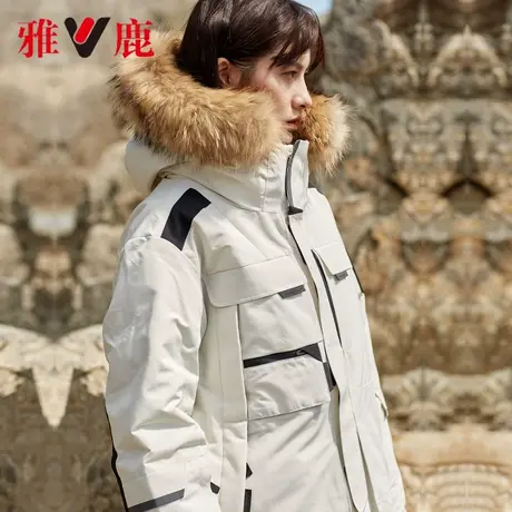 雅鹿羽绒服女毛领派克服冬季白鸭绒加厚小个子反季工装连帽羽绒服商品大图