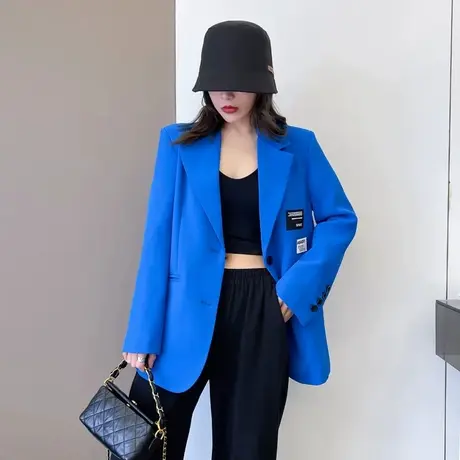 蓝色自制小西服女oversize小众设计感宽松学院风黑色大码西装外套商品大图