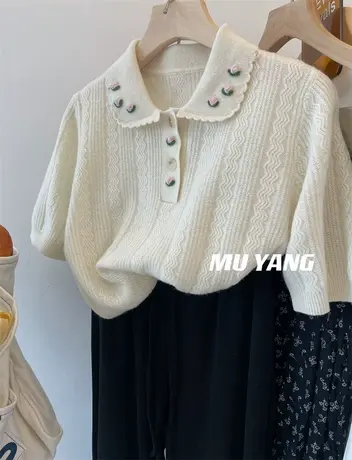 奶油甜女孩 ~ 娃娃领子上立体小花朵波浪纹羊毛毛衣针织衫上衣女商品大图