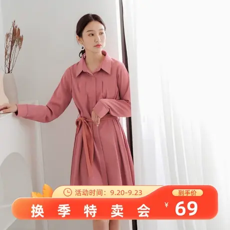 桔熊春秋季气质撞色绑带收腰衬衫领a字连衣裙女士大码DA8034图片