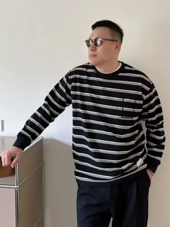 大依无忧大码男装春秋款条纹休闲潮胖子加肥加大男款圆领长袖T恤图片