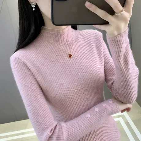 半高领蕾丝毛衣女套头秋冬2023新款女士打底衫内搭修身针织衫上衣图片