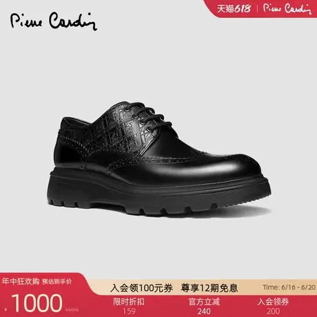 皮尔卡丹男鞋压花雕刻XL发泡厚底舒适商务系带布洛克真皮德比鞋男商品大图