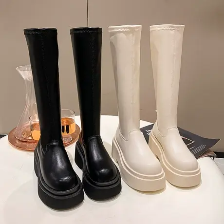 弹力瘦瘦靴厚底增高小个子长筒靴女不过膝长靴套筒显瘦骑士靴松糕商品大图