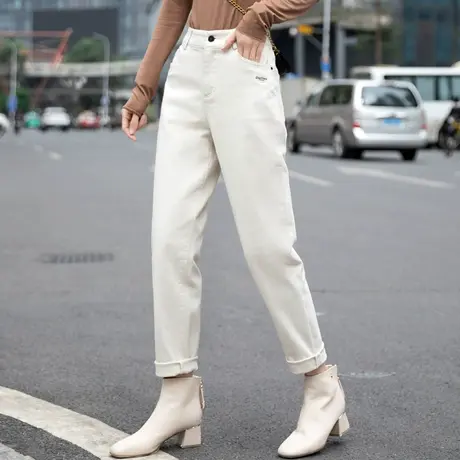 米白色牛仔裤女秋冬加绒加厚萝卜宽松裤子新款爆款2023女士哈伦裤商品大图