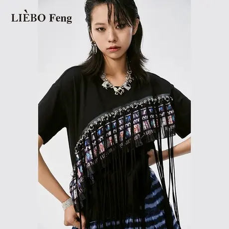 裂帛LIEBOFeng小众设计感ins街头嘻哈流苏小个子宽松黑色短袖T恤商品大图