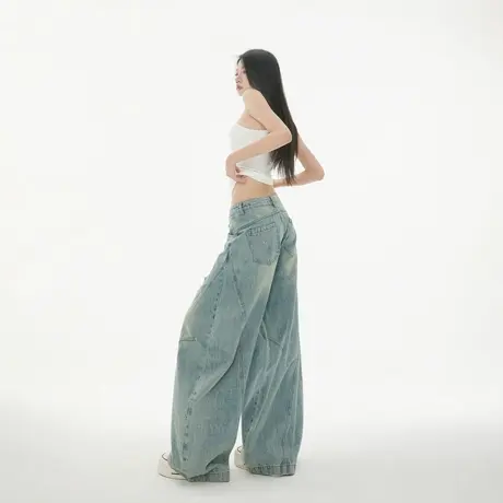 美式复古弯刀水洗破洞牛仔裤女春秋新款潮牌宽松显瘦拖地休闲长裤商品大图