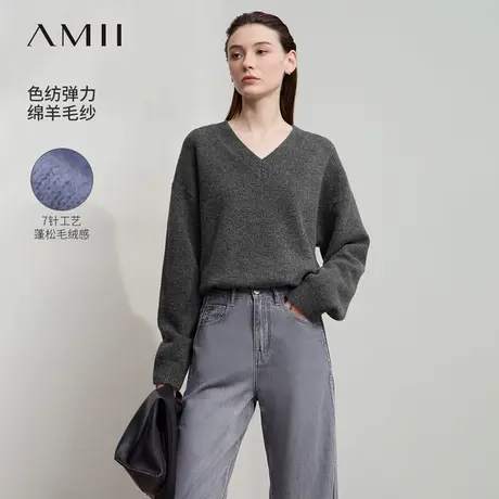 Amii2025秋新款简洁休闲V领落肩袖宽松色纺毛衣女百搭基础款上衣图片