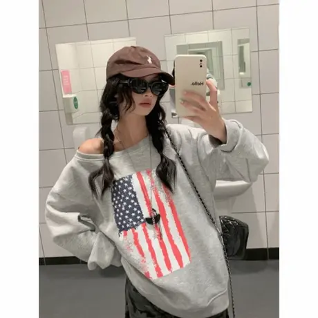 2025秋季新款美式辣妹风设计感高级感百搭斜肩领长袖卫衣上衣女装商品大图