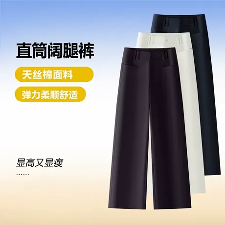 高腰显瘦窄版直筒裤女春秋新款宽松阔腿裤舒适百搭天丝棉休闲裤商品大图