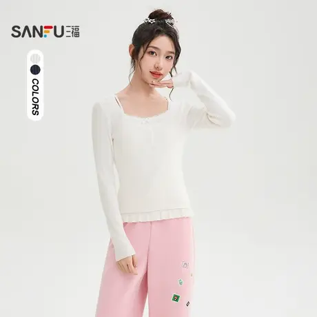 三福毛衣2025秋季蝴蝶结蕾丝领口吊带假两件上衣女装507474图片