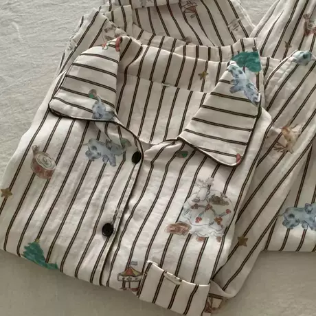 秋季新品~韩系复古可爱卡通印花A类双层纱布睡衣套装家居服可外穿商品大图