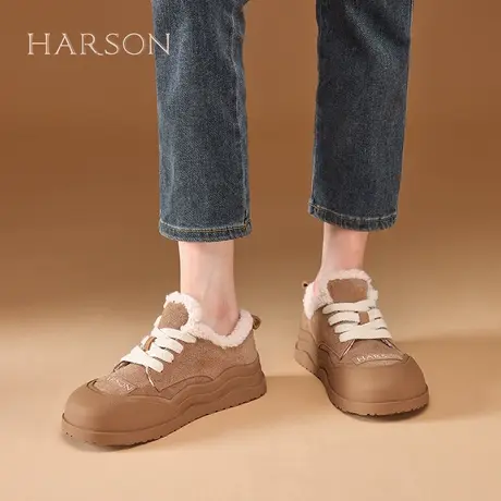 哈森加绒保暖真皮休闲鞋子女冬季时尚百搭舒适复古厚底棉鞋女鞋子图片